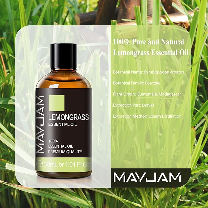 Lemongrass Essential Oil 30ML/1.01FL.OZ, MAYJAM Premium Lemongrass Oil Essential Oils with Glass Dropper, Great for Aromatherapy Diffuser and Candle Soap Making