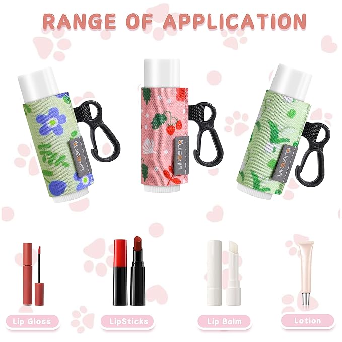 Keychain Chapstick Holder, Lip Balm Holder Lipstick Sleeve Pouch with Clip On, Elastic Lip Gloss Gifts for Friends (Plants, 3pcs)