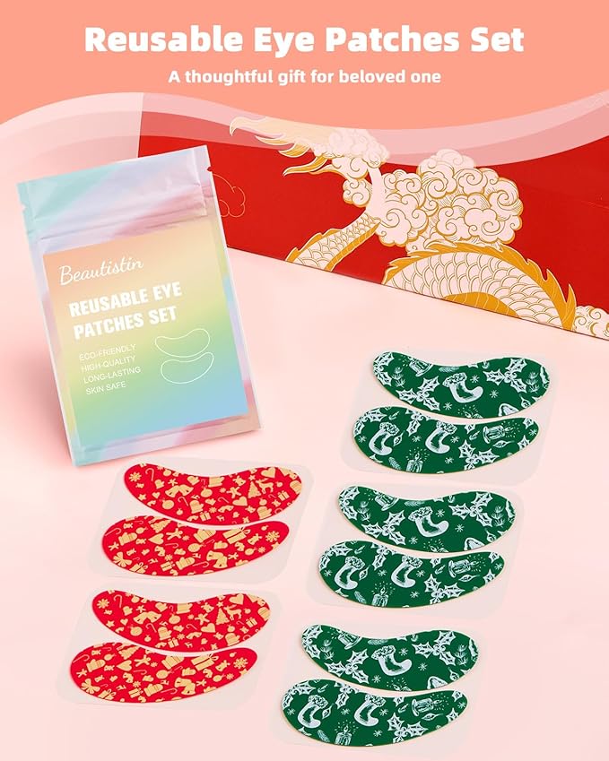 Under Eye Patches Silicone - 5 Pairs Reusable Eye Patches, Christmas Gifts for Women, Eye Wrinkle Patches, Reusable Under Eye Mask, Plump Fine Lines & Wrinkles, Christmas Red & Green