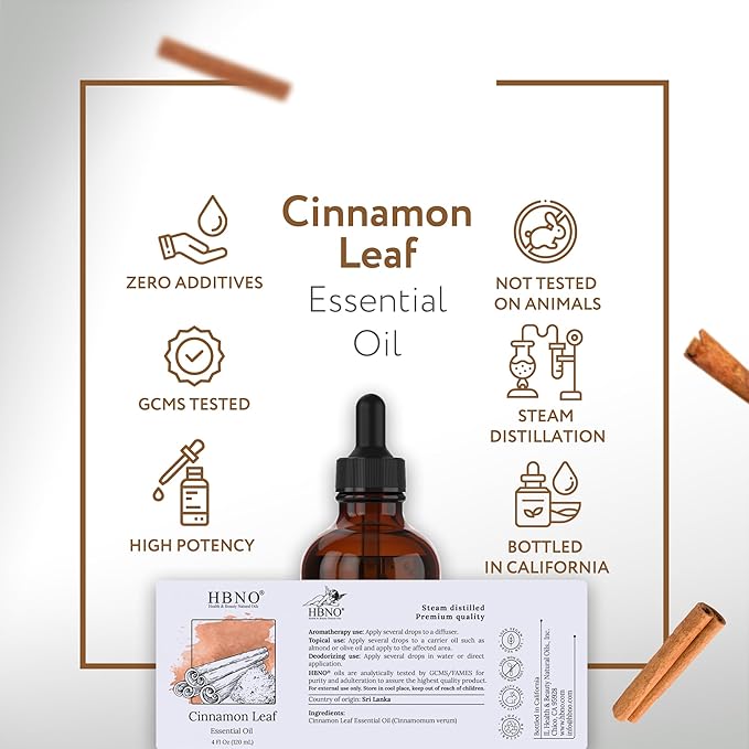HBNO California Bottled Cinnamon Essential Oil (Leaf) 4 fl oz (120ml) - Natural Cinnamon Essential Oil for Diffuser - Perfect for Cleaning, Aromatherapy, DIY, Soap & Diffuser - Cinnamon Oil Essential