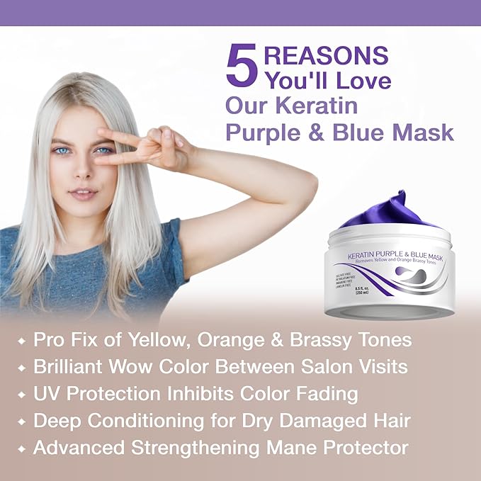 Vitamins Keratin Purple Blue Hair Mask and Serum Kit - Conditioning Anti-Brassiness Toner for Bleached Blonde Platinum Silver White Gray Dry Damaged Hair, Heat Protectant and Anti-Frizz Gloss