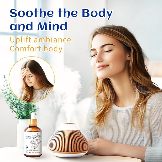 HIQILI Rose Essential Oil 1 Fl Oz, 100% Natural Therapeutic Grade for Aromatherapy, Diffuser, Skin Care, Massage, Includes Premium Quality Glass Dropper