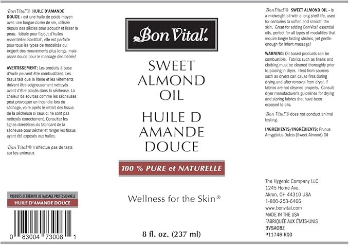 Bon Vital' Sweet Almond Oil Skin & Hair Moisturizer & Gentle Massage Oil, Carrier Oil for Diffusers, Improve Hair Texture and Hydrate Skin, 100% Pure Massage Therapy Oil, 8 Ounce Bottle