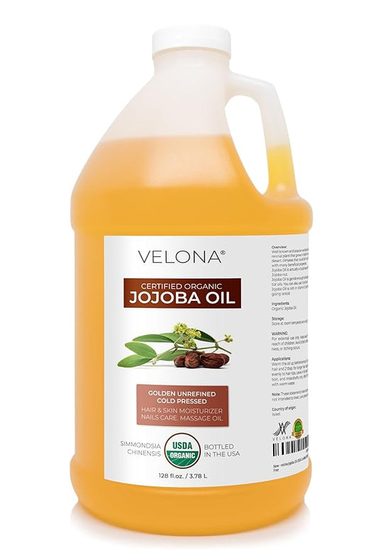 velona Jojoba Oil USDA Certified Organic - 1 Gallon | 100% Pure and Natural | Golden, Unrefined, Cold Pressed, Hexane Free | Moisturizing Face, Hair, Body, Skin Care