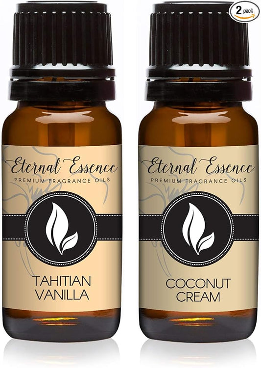Eternal Essence Oils 2 Pack 10ml Premium Fragrance Oil - Coconut Cream and Tahitian Vanilla Scents - for Candle, Soap Making, Aromatherapy, Diffusers, Home Care, & Humidifiers
