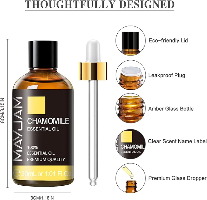 Chamomile Essential Oil, MAYJAM Premium Pure Essential Oils for Diffusers for Home and Office, 1.01FL.OZ/30ML Chamomile Oil for Massage, Diffuser, Candle Soap Making