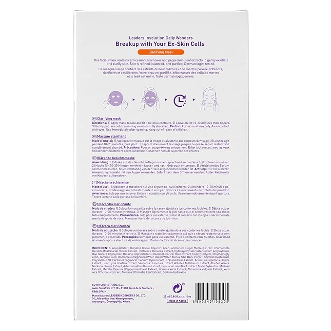 Leaders Insolution Daily Wonders Breakup With Your Ex-Skin Cells Facial Mask Sheet Clarifying and Exfoliating Dead Skin Korean Skincare (10 Sheets)