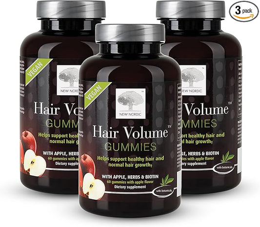 NEW NORDIC Hair Volume Gummies, 2500 mcg Biotin, Daily Hair Vitamins Supplement to Support Hair Skin & Nails, Vegan, 60 Count (Pack of 3)