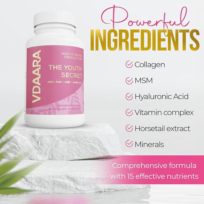 Hair, Skin and Nails Vitamins - 5000 mcg Biotin, Collagen, Natural Vitamin C A D3 Hyaluronic Acid - Supplement for Glowing Skin, Hair Growth for Men and Women – 60 Capsules