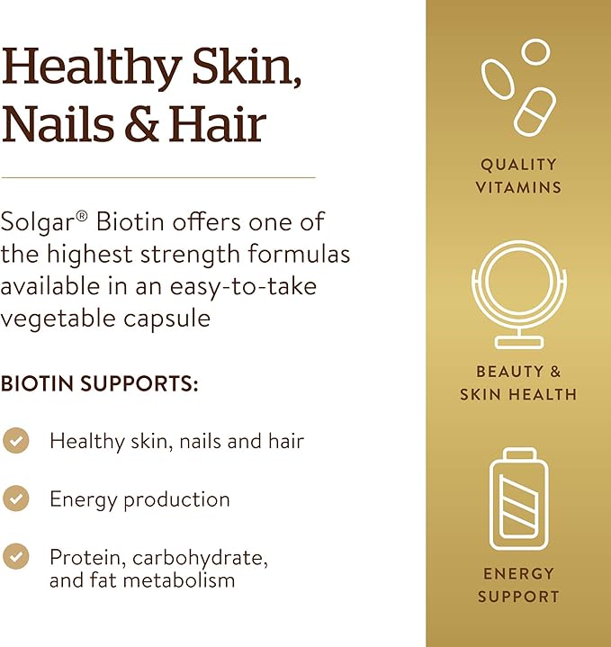 Solgar Biotin 10,000 mcg, 60 Vegetable Capsules - Energy, Metabolism, Promotes Healthy Skin, Nails & Hair - Super High Potency - Non-GMO, Vegan, Gluten Free, Dairy Free, Kosher - 60 Servings