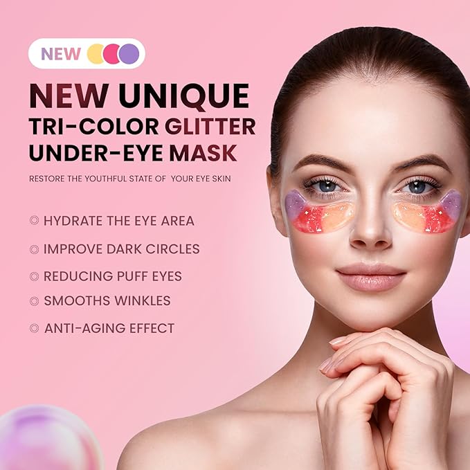 Under Eye Patches (24 Pairs) - New Tri-color Glitter Eye Gel Pads for Dark Circles Puffy Eyes,Under eye Bags,Wrinkles|Natural Collagen Under Eye Mask Patches, Gel Under Eye Patches