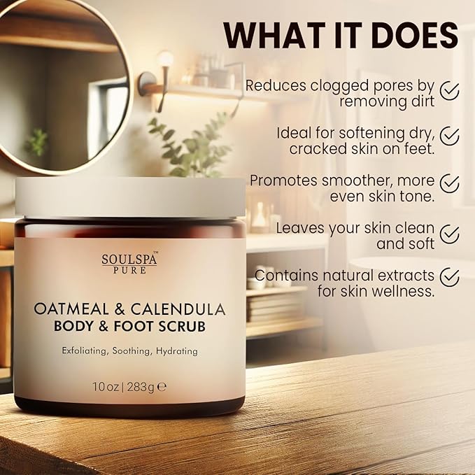 Oatmeal & Calendula Body & Foot Scrub - Soothing & Hydrating Exfoliating Body Scrub for Sensitive and All Skin Types, 10 oz