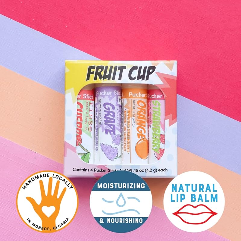 Rinse Bath & Body Fruit Cup Lip Balm Set - Handmade Natural Flavored Lip Balm | Cherry, Grape, Orange & Strawberry | Moisturizing, Soothing & Protecting | Squalane Oil | Gluten Free | 4 pack