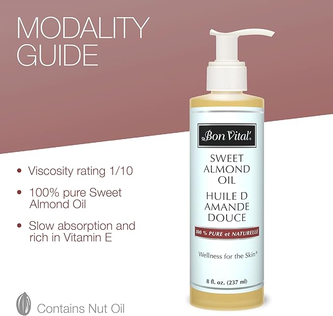 Bon Vital' Sweet Almond Oil Skin & Hair Moisturizer & Gentle Massage Oil, Carrier Oil for Diffusers, Improve Hair Texture and Hydrate Skin, 100% Pure Massage Therapy Oil, 8 Ounce Bottle