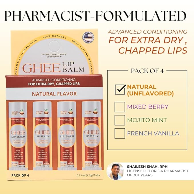 All Natural Lip Balm For Very Dry Lips | Hydrating & Moisturizing Lip Balm with Shea Butter, Ghee, Jojoba Oil, Coconut Oil | Chapped Lips & After Sun Care | BioSerene (4.5 gms/tube, Natural)