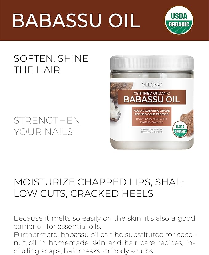 velona Babassu Oil USDA Certified Organic - 4 Fl Oz | 100% Pure and Natural Carrier Oil | Refined, Cold Pressed | Face, Hair, Body & Skin Care and Cooking | Use Today - Enjoy Results