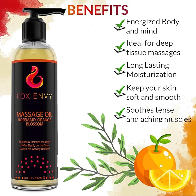 Massage Oil for Couples, Women & Men (1 Bottle, 8 fl oz) - Fox Envy Orange Blossom with Rosemary Scented Sensual Oil with Coconut Oil & Jojoba Oil - Enhances Stimulation for The Body & Muscles