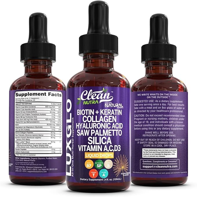 Biotin Liquid Drops Collagen Keratin Hyaluronic Acid Saw Palmetto for Hair Skin and Nails Silica Vitamin A C Vitamin D Bamboo Turmeric Zinc Folate Magnesium Horsetail LuxGlo by Clean Nutra - 5Pack