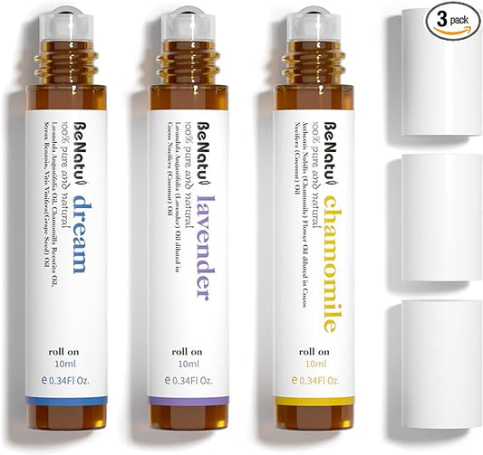 Benatu Essential Oil Roll On Set (Dream, Lavender, Chamomile), Aromatherapy Roller for Massage, Body Skin Care, Home - Natural Fragrance Gift for Women and Men