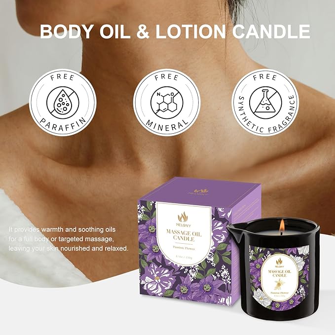 MELONY Massage Oil Candles, Essential Oil Candle Lotion, 8.1OZ/230g, Home Spa with Luxurious Body Oil, Intensive Skin Treatment Candle, Low Temp Body Safe Wax (Passion Flower)