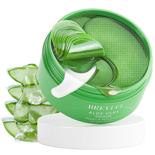 BREYLEE Aloe Vera Eye Masks - 60 Pcs - Reduce Puffy Eyes & Dark Circles, Firm & Improve Under Eye Skin, Pure Natural Extracts for Youthful Appearance & Reduction of Fine Lines and Wrinkles.