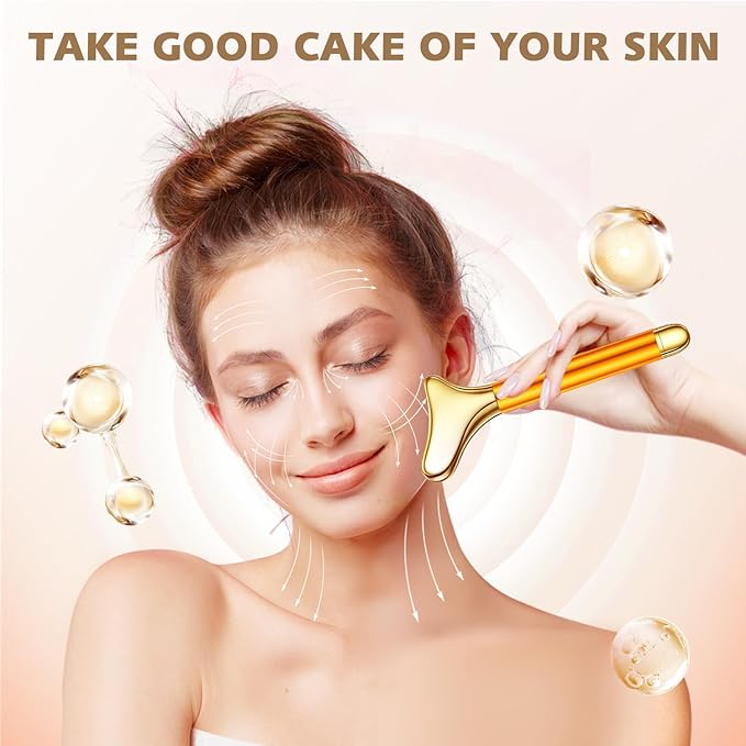 Amirce 2-in-1 Gua Sha and Ice Roller Facial Tools, Electric Face Massager Device for Eye, Jaw, Scalp, Neck, Gold