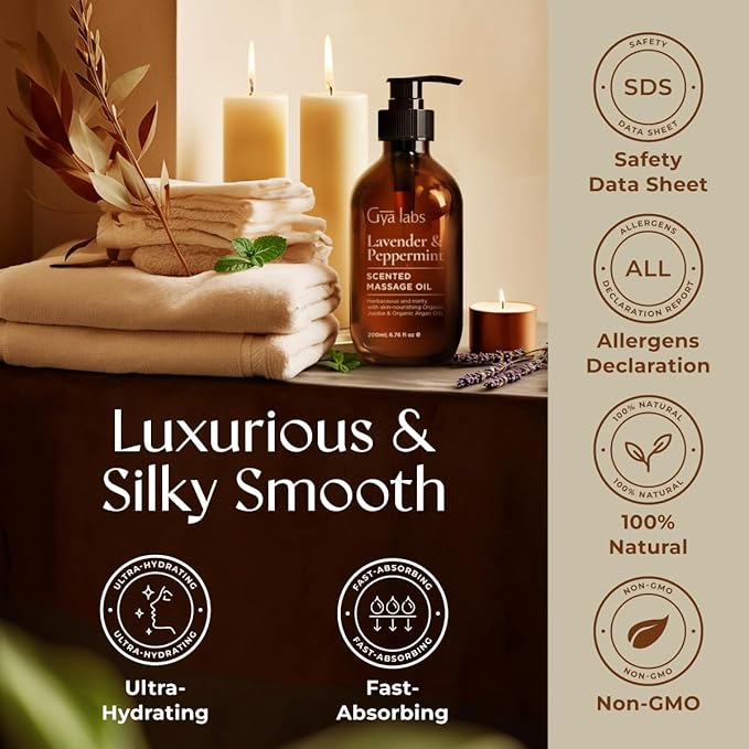 Gya Labs Lavender & Peppermint Massage Oil - 6.76 Fl Oz - 100% Pure Natural Aromatherapy Body Massage Oil for All Skin Types & Sore Muscles - Crafted with Jojoba, Argan, Sunflower & Sweet Almond