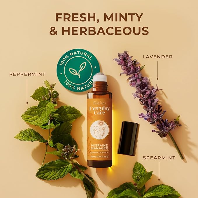 Gya Labs Migraine Essential Oil Roll on - Migraine Relief Stick Roller, Soothing Comfort for Head Tension, 100% Pure Natural, Blend with Peppermint Oil, Self Care Relaxing Gifts for Women (0.34 Fl Oz)