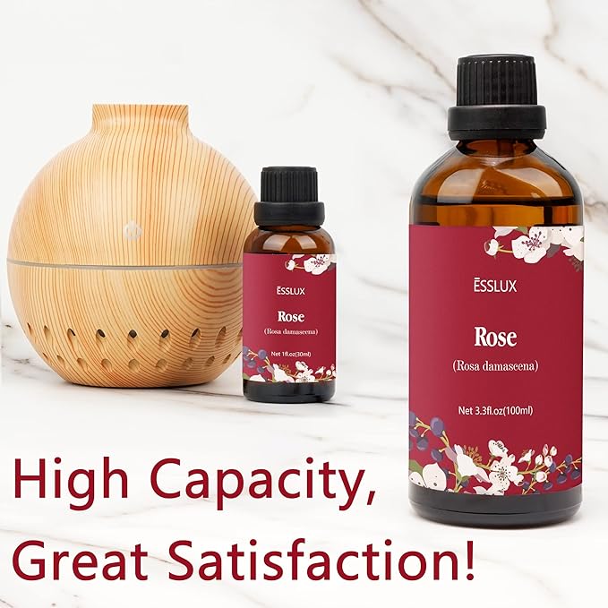 Rose Essential Oil 100ml (3.3 Fl Oz), ESSLUX Aromatherapy Essential Oils for Diffuser, Massage, Soap, Candle Making, Home Fragrance