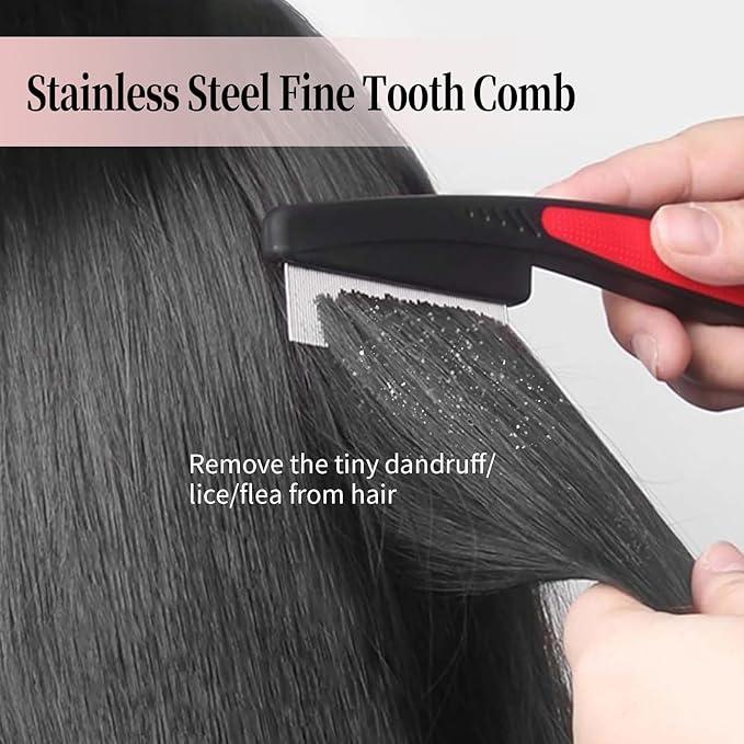 Dandruff Comb, Stainless Steel Fine Tooth Lice/Flea/Psoriasis Comb, Scalp Oil Buildup Removal Wide Hollow Tooth Button Hairbrush for Scalp Massage Care for Man Women and Kids, Set of 2 (Red)