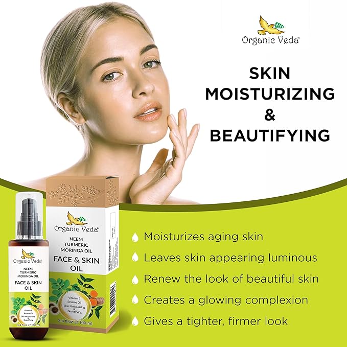 Organic Veda Moringa Face Oil with Neem & Turmeric - 100% Pure Cold Pressed Skin Care Oil Moisturizer for Face Hair & Skin, Natural Skin Glow - 3.4 oz