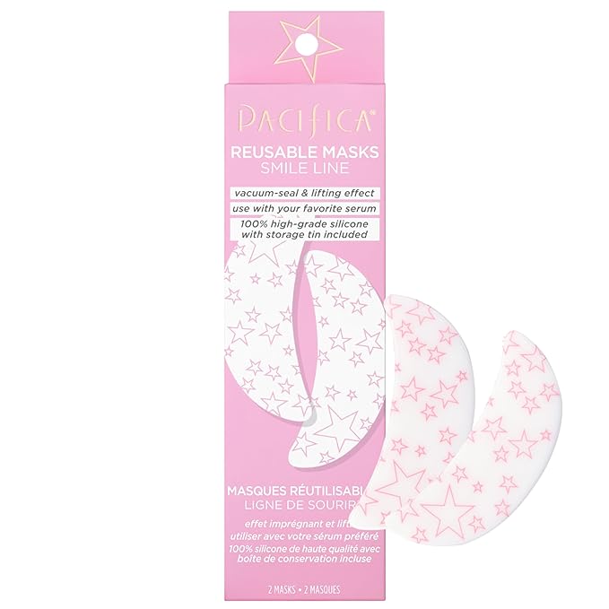 Pacifica Beauty Reusable Smile Line Mask, Skincare, Silicone Mask, For Fine Lines and Wrinkles, Lift and Firm, Pair with Serum, Storage Tin Included, Skin Care, Smile Line Patches, Vegan, 2 Pieces