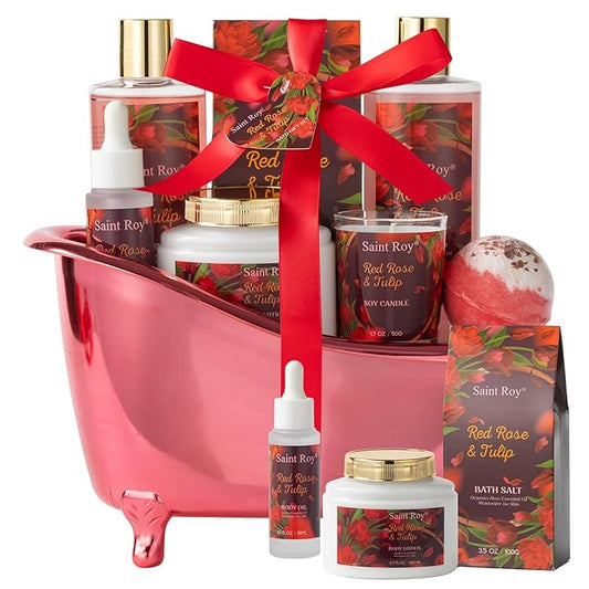 spa kit Gifts for Her Mother's Day Bath Spa Gift Set Red Rose & Tulip Spa Basket Kits for Women, Contains Body Oil, Body Lotion, Salt, self care baskets for women gift Mother's Day Gift for Mom