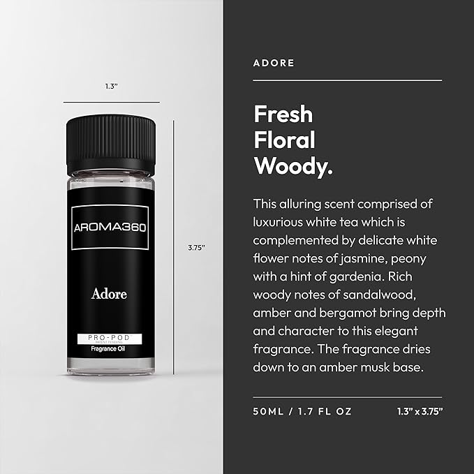 Aroma360 Pro Pod - Adore Fragrance Oil Blend - 50ML | Hotel Inspired Luxury Essential Oil Diffuser | Aromatherapy Scent Diffuser Oil | White Tea, Jasmine, Peony, Gardenia, Sandalwood, Amber and More