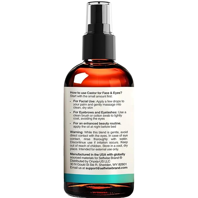 Organic Castor Oil For Face Moisturizer, Eyes, Eyelashes, Eyebrows, Wrinkles with Jojoba, Rosehip, Grapeseed, Squalane, Palmarosa, Bergamot and Vitamin E for Gentle Skin, Men & Women 1oz