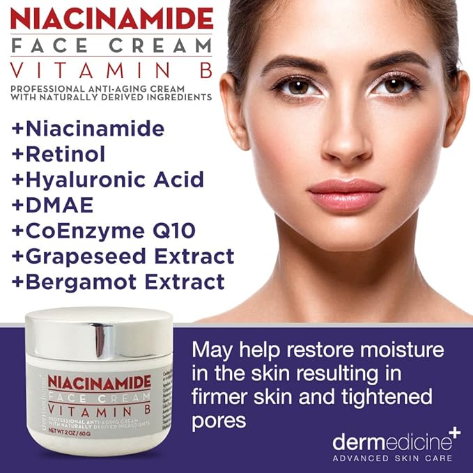 Natural Niacinamide Ultimate Strength Vitamin B Cream for Face | Nourishing Moisturizer w/Vitamin B, Retinol, Grapeseed Extract, Hyaluronic Acid | Helps Smooth the Appearance of Fine Lines and Wrinkl
