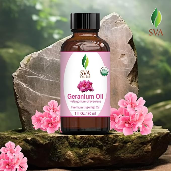 SVA Geranium Essential Oil Organic – 1 Fl Oz – 100% Natural Organic Geranium Oil - for Diffuser, Hair Care, Face, Skin Care, Aromatherapy, Scalp and Body Massage, Soap and Candle making – with Dropper