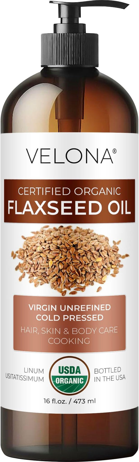 velona USDA Certified Organic Flaxseed Oil - 16 Fl Oz | 100% Pure and Natural Carrier Oil | Unrefined, Cold Pressed |Body, Face & Skin Care | Use Today - Enjoy Results…