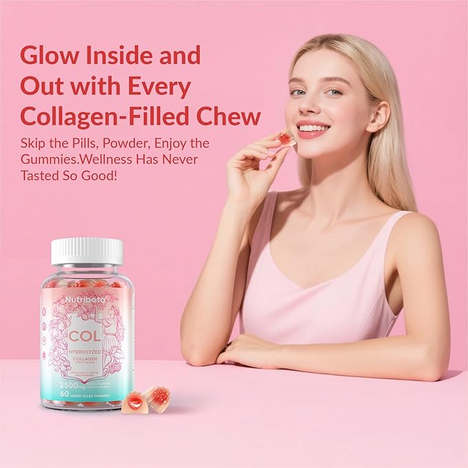 Sugar Free Hydrolyzed Collagen Filled Gummies for Women, with 2500mg Collagen Peptide Type I,II,III,V,X, Biotin,Vitamins,Hyaluronic Acid for Skin Hair Nails, 60 Gummies