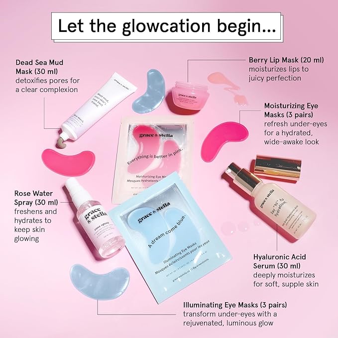 grace & stella Award Winning Mothers Day Gifts Bulk - Gifts for Women - Travel Size Toiletries with Eye Masks, Hyaluronic Acid Serum, Lip Balm & More - Anniversary, Bachelorette Party - Vegan Sef Care