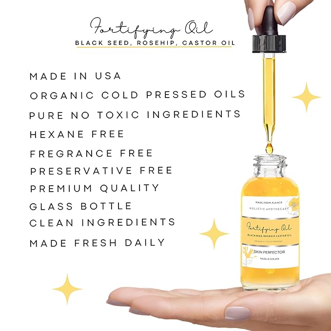 2 FL OZ Black Seed, Rosehip, Castor Oil Organic Cold Pressed Fortifying Miracle Facial Moisturizer Face Oil Anti-Aging, Nourishing, Hydrates Dry Skin Glass Bottle Hexane Free
