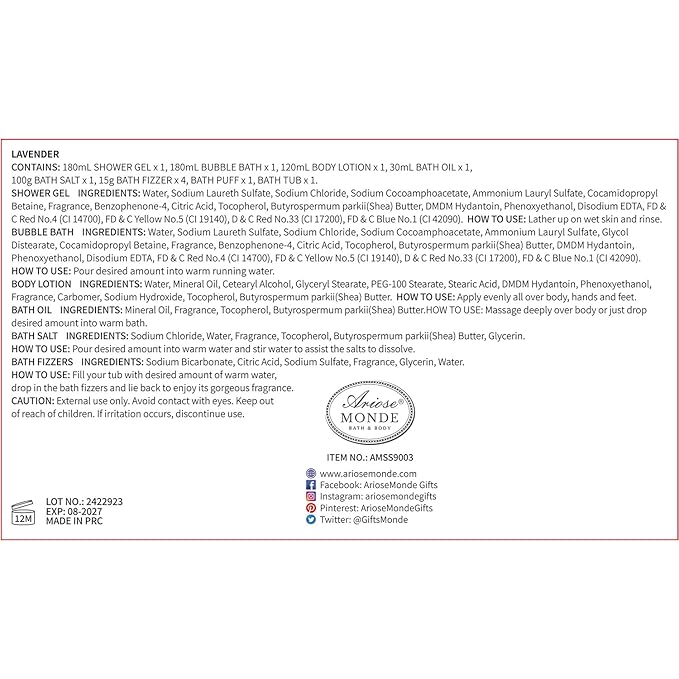 Bath Spa Basket Gift Set, Bath & Body Gift Set for Women, Lavender Scent, Includes Body Lotion, Shower Gel, Bath Salts, Bubble Bath, Bath Fizzers, Bath Oil, Birthday Bath Set Gift Idea