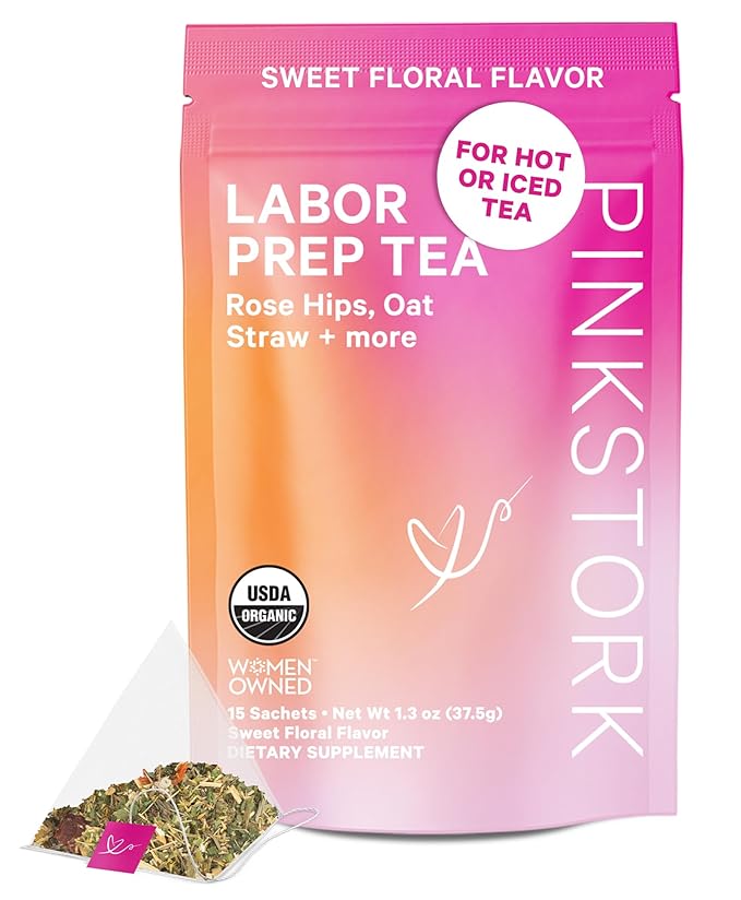 Pink Stork Labor Prep Tea, Organic Red Raspberry Leaf with Chamomile and Rosehip, Caffeine-Free, Pregnancy Must Haves, Labor and Delivery Essentials, Third Trimester Pregnancy - 15 Sachets