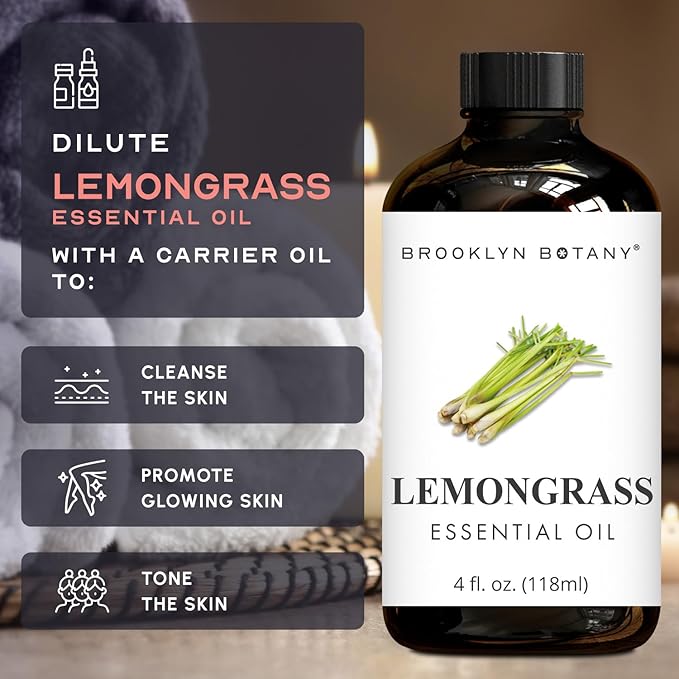 Brooklyn Botany Lemongrass Essential Oil - Huge 4 Fl Oz - 100% Pure and Natural - Premium Grade with Dropper - for Aromatherapy and Diffuser