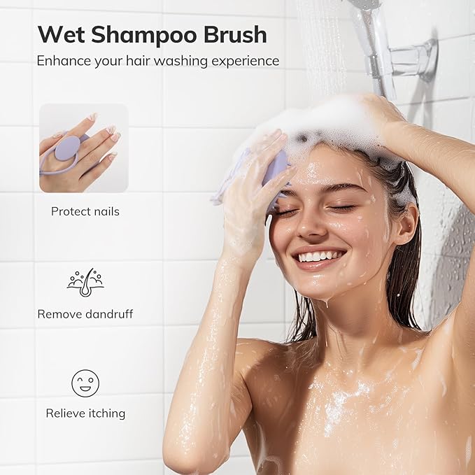 Sndyi Silicone Scalp Massager Shampoo Brush, Hair Scrubber with Soft Silicone Bristles, Scalp Scrubber/Exfoliator for Dandruff Removal, Wet Dry Scalp Brush for Hair Growth & Scalp Care, Gray Purple