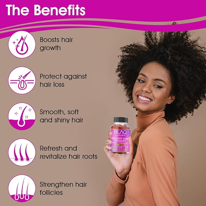 Blaq Luxury Biotin Gummies - Hair Growth Vitamins with 5000mcg Biotin per Serving | Vitamins B12, B6, Folic Acid, Iodine, Zinc | Hair Supplement for Hair Growth | for Women & Men | 1 Month Supply