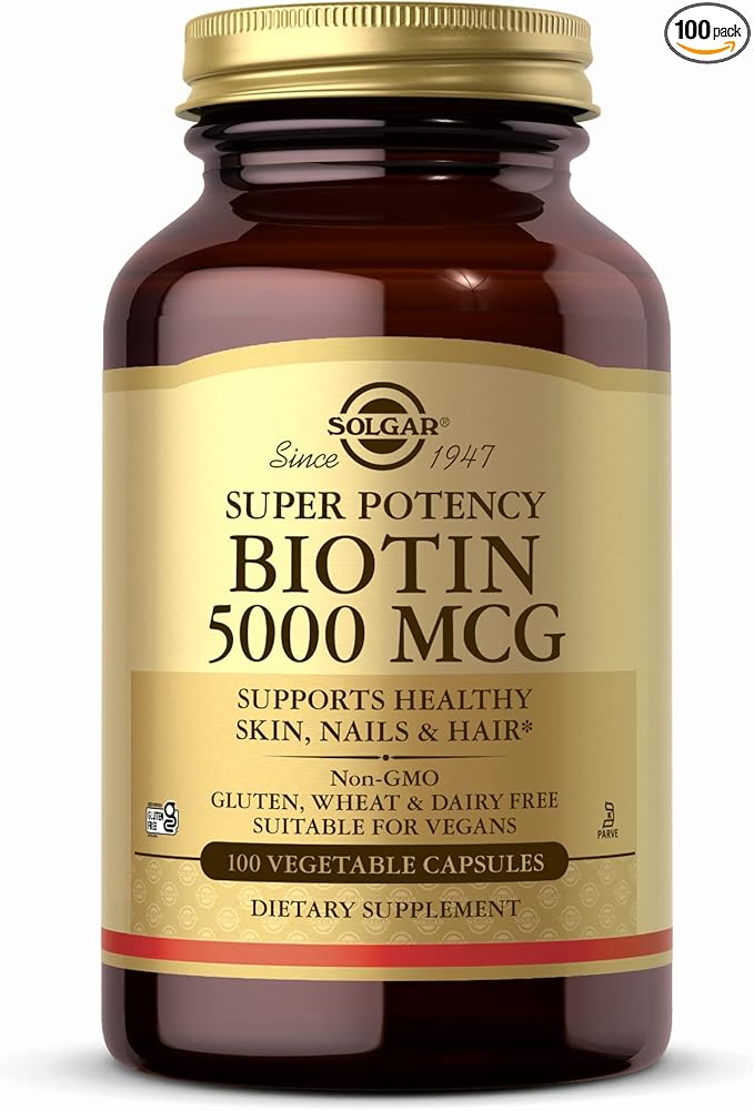SOLGAR Biotin 5000 mcg - 100 Vegetable Capsules - Supports Healthy Skin, Nails & Hair - Non-GMO, Vegan, Gluten Free, Dairy Free, Kosher - 100 Servings