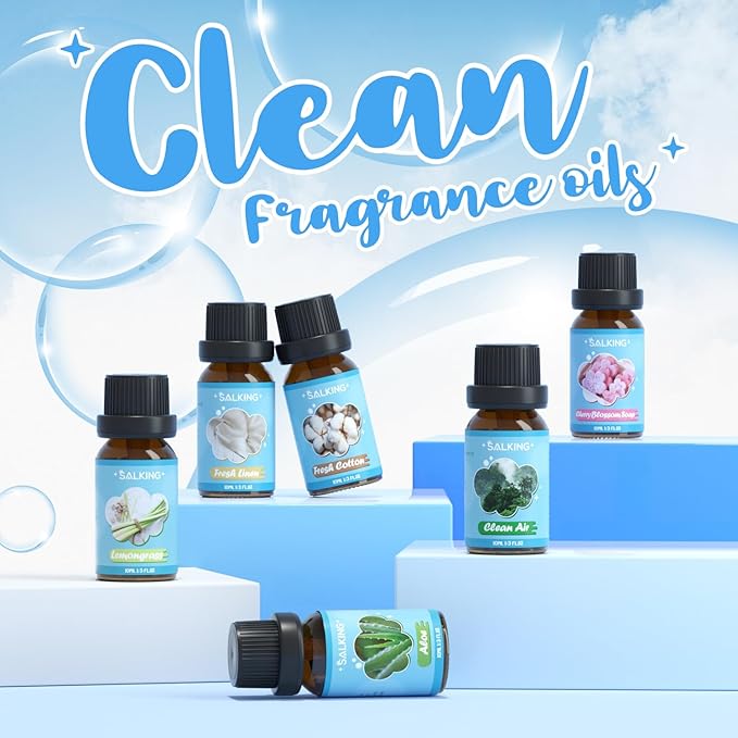 SALKING Clean Fragrance Oils, Premium Essential Oil for Diffuser, Scented Oil Gift Set for Soap Candle Making - Lemongrass, Fresh Cotton, Fresh Linen, Cherry Blossom Soap, Clean Air, Aloe