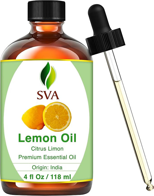 SVA Lemon Essential Oil – 4 Fl Oz – 100% Natural Lemon Oil - for Diffuser, Hair Care, Face, Skin Care, Aromatherapy, Scalp and Body Massage, Soap and Candle Making – with Dropper