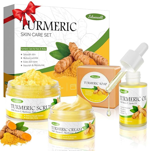 Turmeric Skin Care Set Even Skin Tone with Vitamin C, Skin Care Gift Set 4 In 1 Include Turmeric Soap Bar Turmeric Oil Turmeric Face Cream Turmeric Scrub, Face Moisturizer Skincare Set for Women